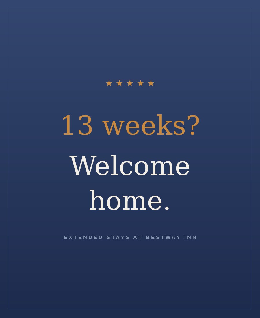 13 weeks? Welcome home — extended stays at Bestway Inn