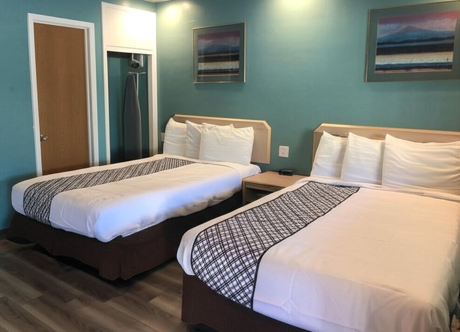 Two Full Beds room with crisp white linens and teal accent wall